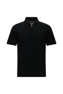 Siyah Slim Fit Dar Kesim Fermuarlı Nakışlı Merserize Pamuk Polo Yaka T-shirt