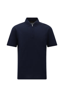 Orta Lacivert Slim Fit Dar Kesim Fermuarlı Nakışlı Merserize Pamuk Polo Yaka T-shirt