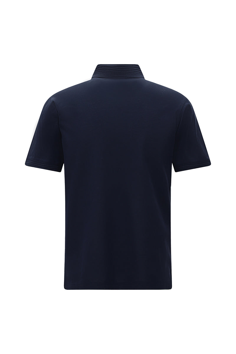 Orta Lacivert Slim Fit Dar Kesim Fermuarlı Nakışlı Merserize Pamuk Polo Yaka T-shirt