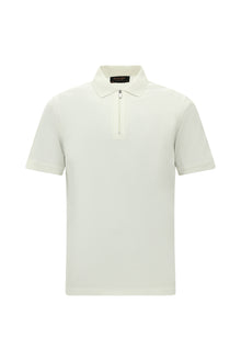 Kırık Beyaz Slim Fit Dar Kesim Fermuarlı Nakışlı Merserize Pamuk Polo Yaka T-shirt