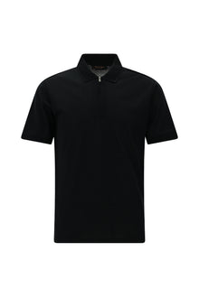 Siyah Slim Fit Dar Kesim Fermuarlı Nakışlı Merserize Pamuk Polo Yaka T-shirt