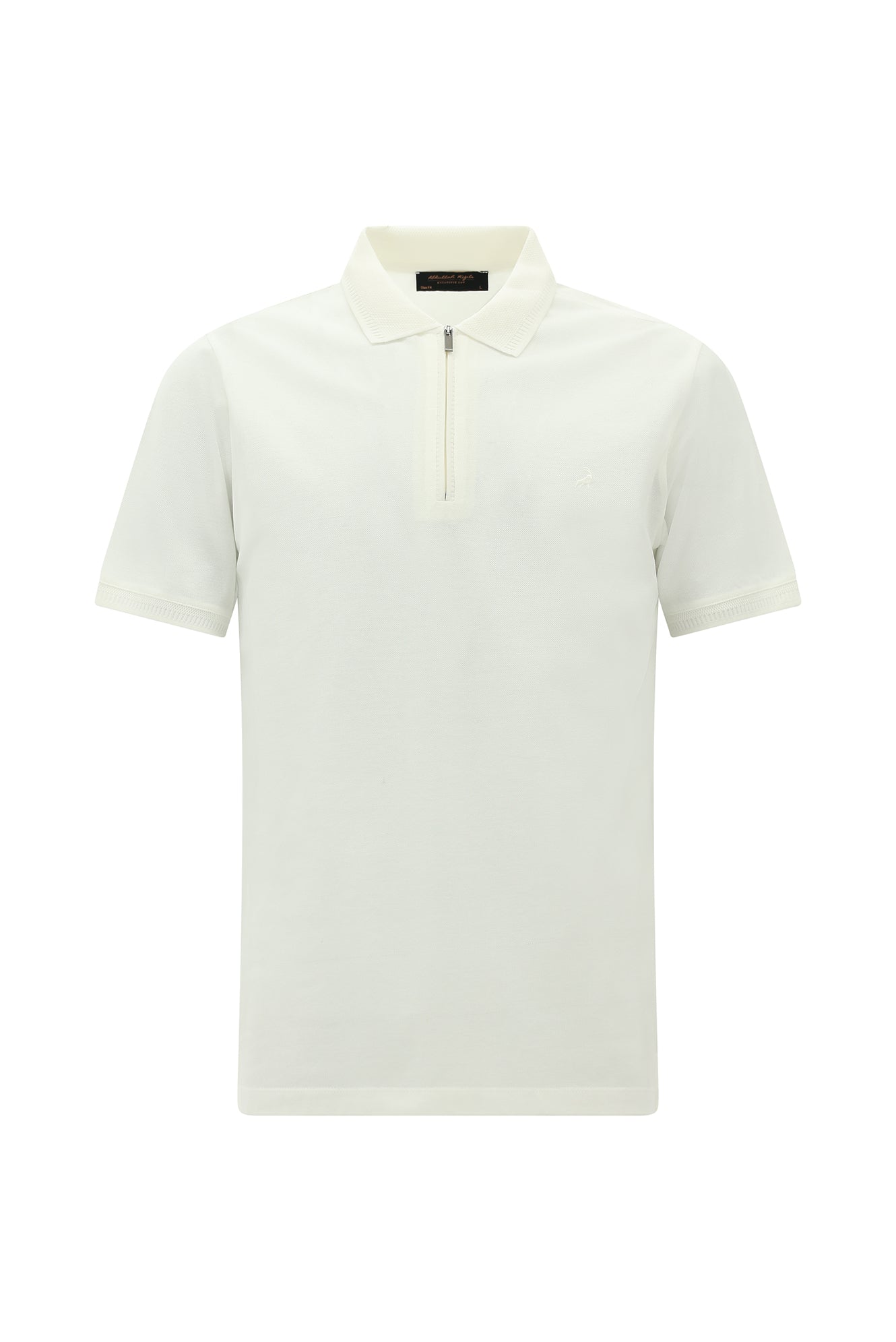 Kırık Beyaz Slim Fit Dar Kesim Fermuarlı Nakışlı Merserize Pamuk Polo Yaka T-shirt