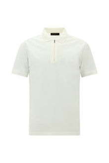 Kırık Beyaz Slim Fit Dar Kesim Fermuarlı Nakışlı Merserize Pamuk Polo Yaka T-shirt