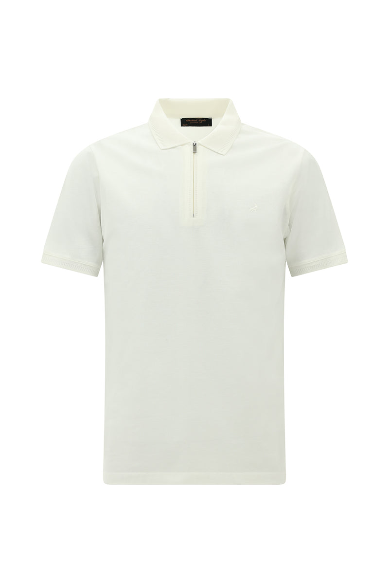 Kırık Beyaz Slim Fit Dar Kesim Fermuarlı Nakışlı Merserize Pamuk Polo Yaka T-shirt