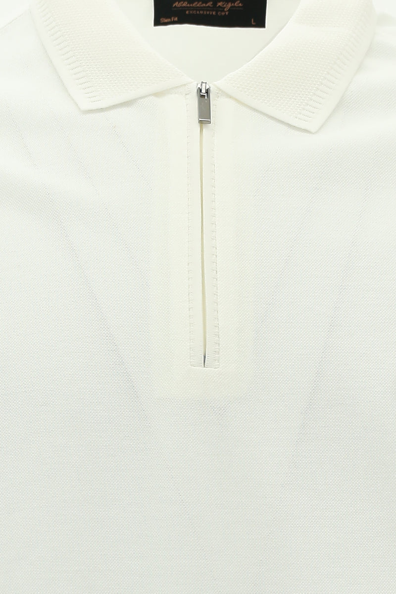 Kırık Beyaz Slim Fit Dar Kesim Fermuarlı Nakışlı Merserize Pamuk Polo Yaka T-shirt