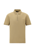 Camel Slim Fit Dar Kesim Fermuarlı Nakışlı Merserize Pamuk Polo Yaka T-shirt