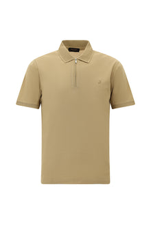 Camel Slim Fit Dar Kesim Fermuarlı Nakışlı Merserize Pamuk Polo Yaka T-shirt