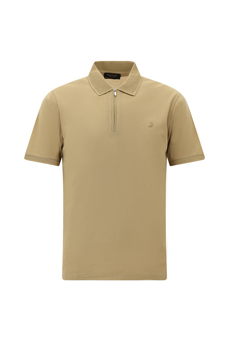 Camel Slim Fit Dar Kesim Fermuarlı Nakışlı Merserize Pamuk Polo Yaka T-shirt