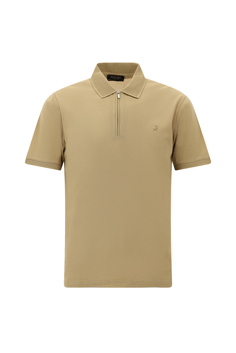 Camel Slim Fit Dar Kesim Fermuarlı Nakışlı Merserize Pamuk Polo Yaka T-shirt