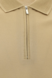 Camel Slim Fit Dar Kesim Fermuarlı Nakışlı Merserize Pamuk Polo Yaka T-shirt