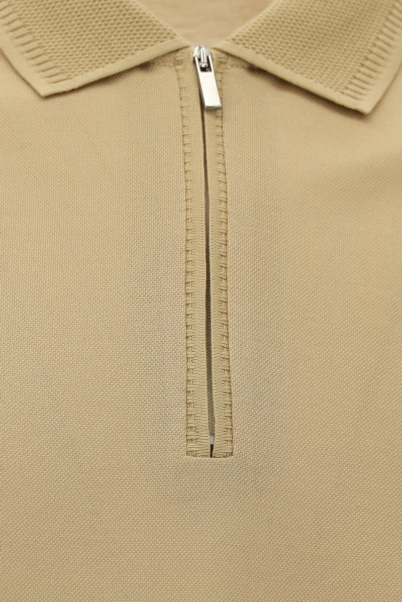 Camel Slim Fit Dar Kesim Fermuarlı Nakışlı Merserize Pamuk Polo Yaka T-shirt