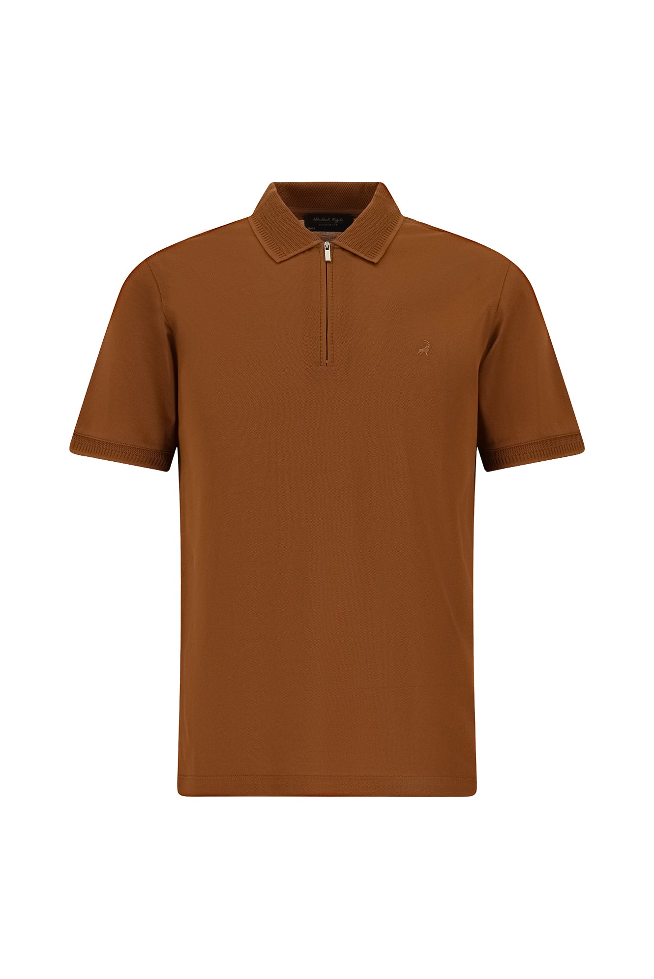 Taba Slim Fit Dar Kesim Fermuarlı Nakışlı Merserize Pamuk Polo Yaka T-shirt