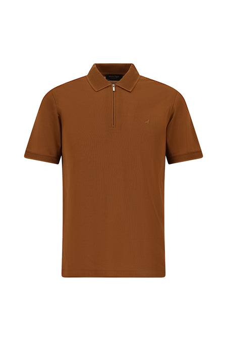 Taba Slim Fit Dar Kesim Fermuarlı Nakışlı Merserize Pamuk Polo Yaka T-shirt