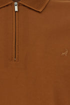 Taba Slim Fit Dar Kesim Fermuarlı Nakışlı Merserize Pamuk Polo Yaka T-shirt