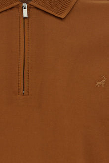 Taba Slim Fit Dar Kesim Fermuarlı Nakışlı Merserize Pamuk Polo Yaka T-shirt