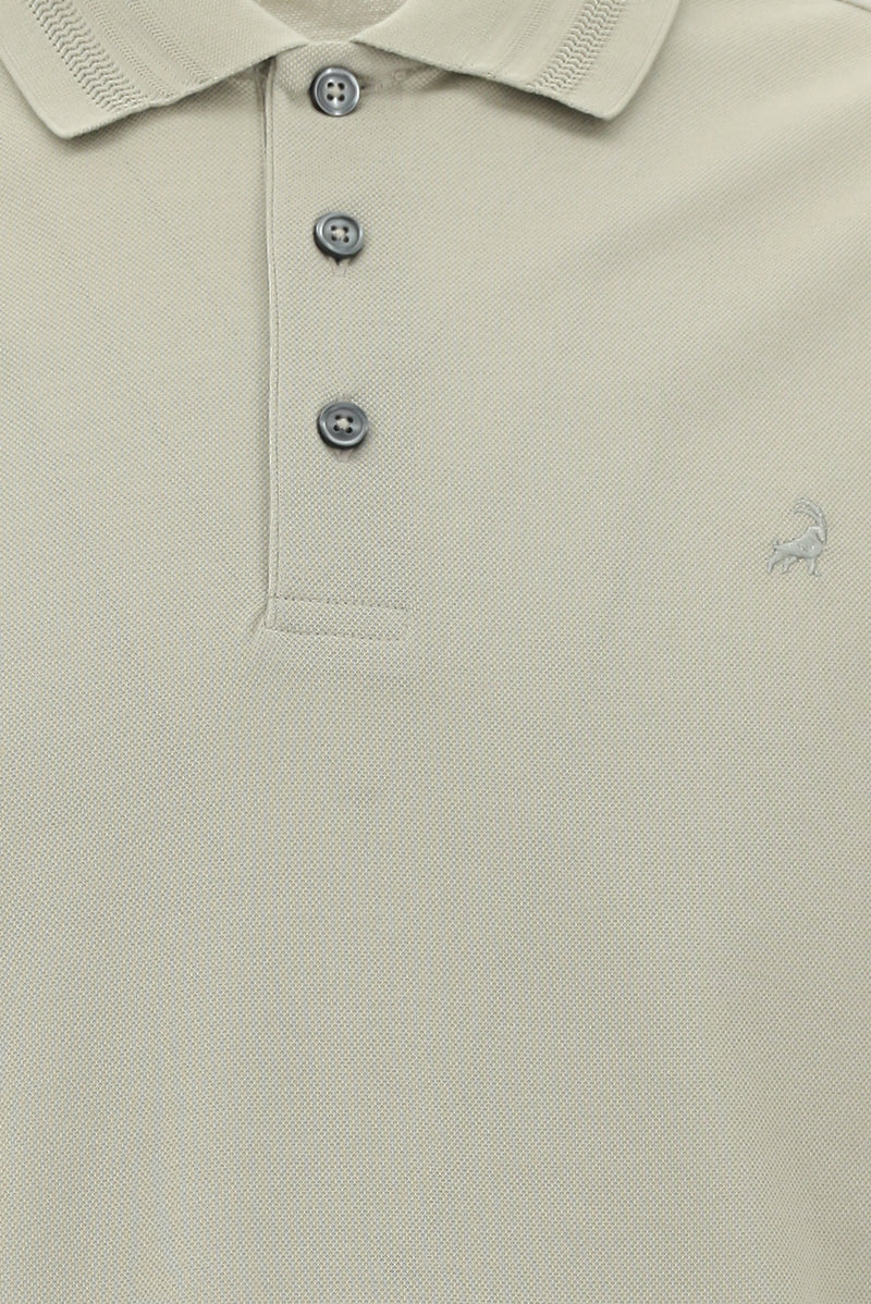Orta Bej Slim Fit Dar Kesim Nakışlı Merserize Pamuk Polo Yaka T-shirt