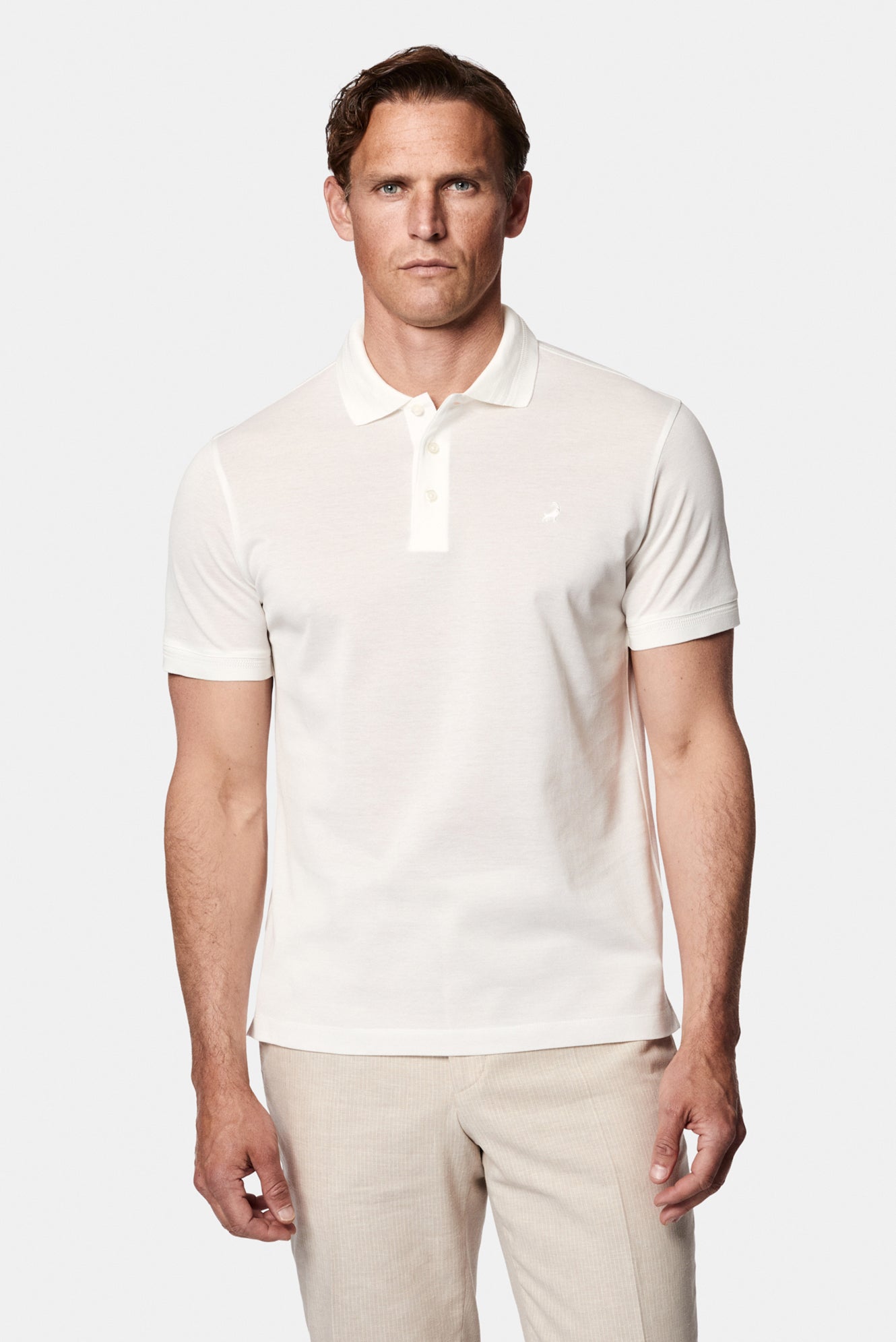 Kırık Beyaz Slim Fit Dar Kesim Nakışlı Merserize %100 Pamuk Düğmeli Polo Yaka T-shirt