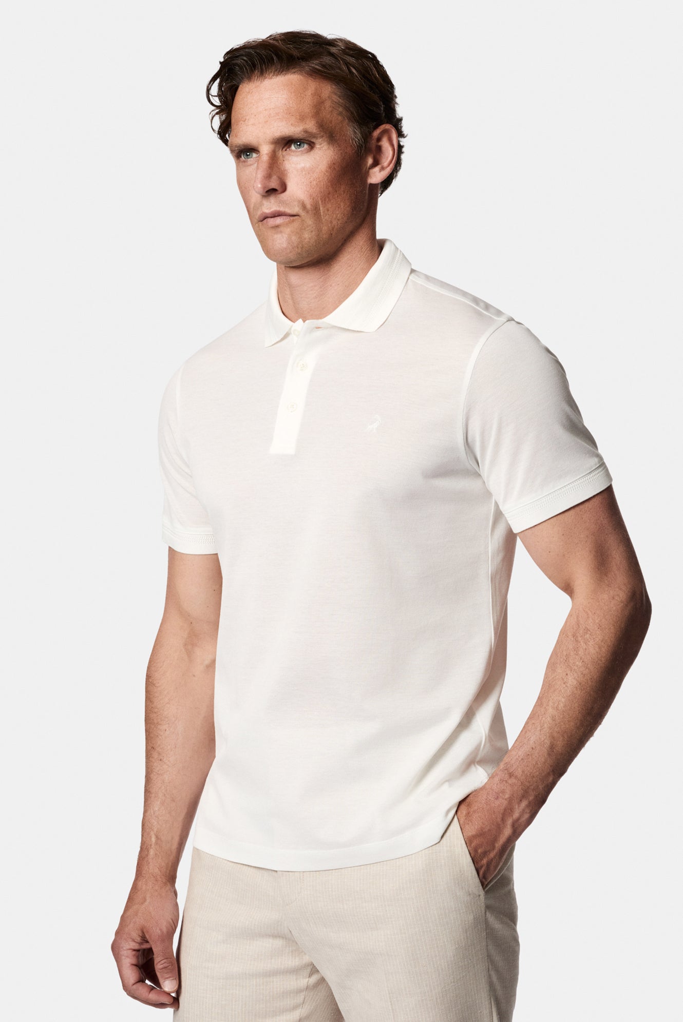 Kırık Beyaz Slim Fit Dar Kesim Nakışlı Merserize %100 Pamuk Düğmeli Polo Yaka T-shirt