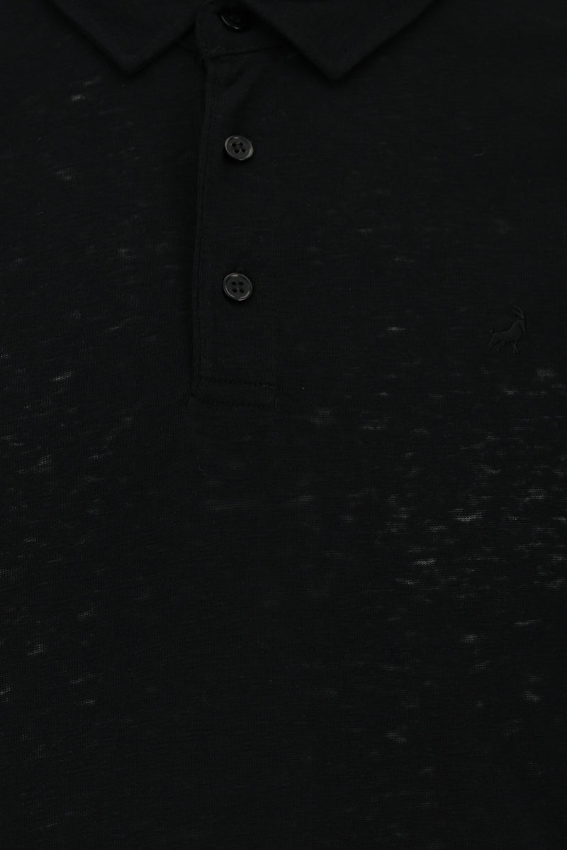 Siyah Slim Fit Dar Kesim Nakışlı Pamuklu Lyocell Polo Yaka T-shirt