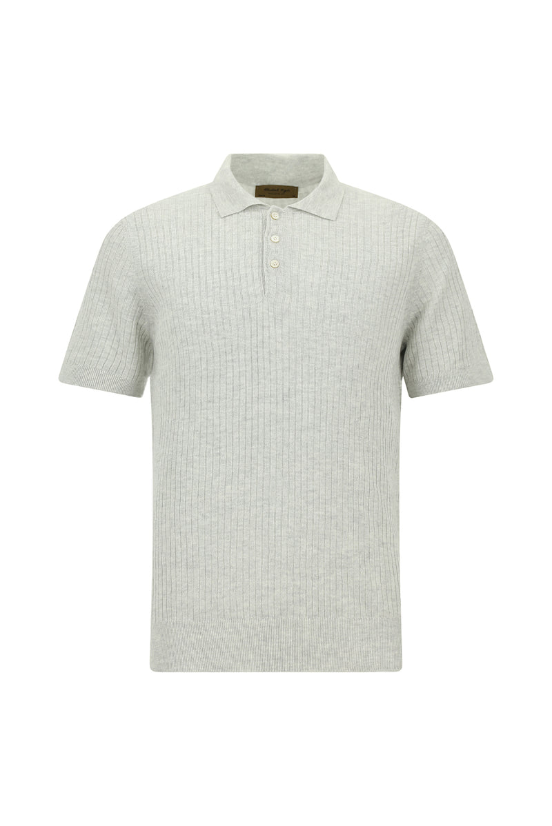 Orta Gri Melanj Slim Fit Dar Kesim Çizgili Pamuklu Keten İtalyan Triko Polo T-shirt