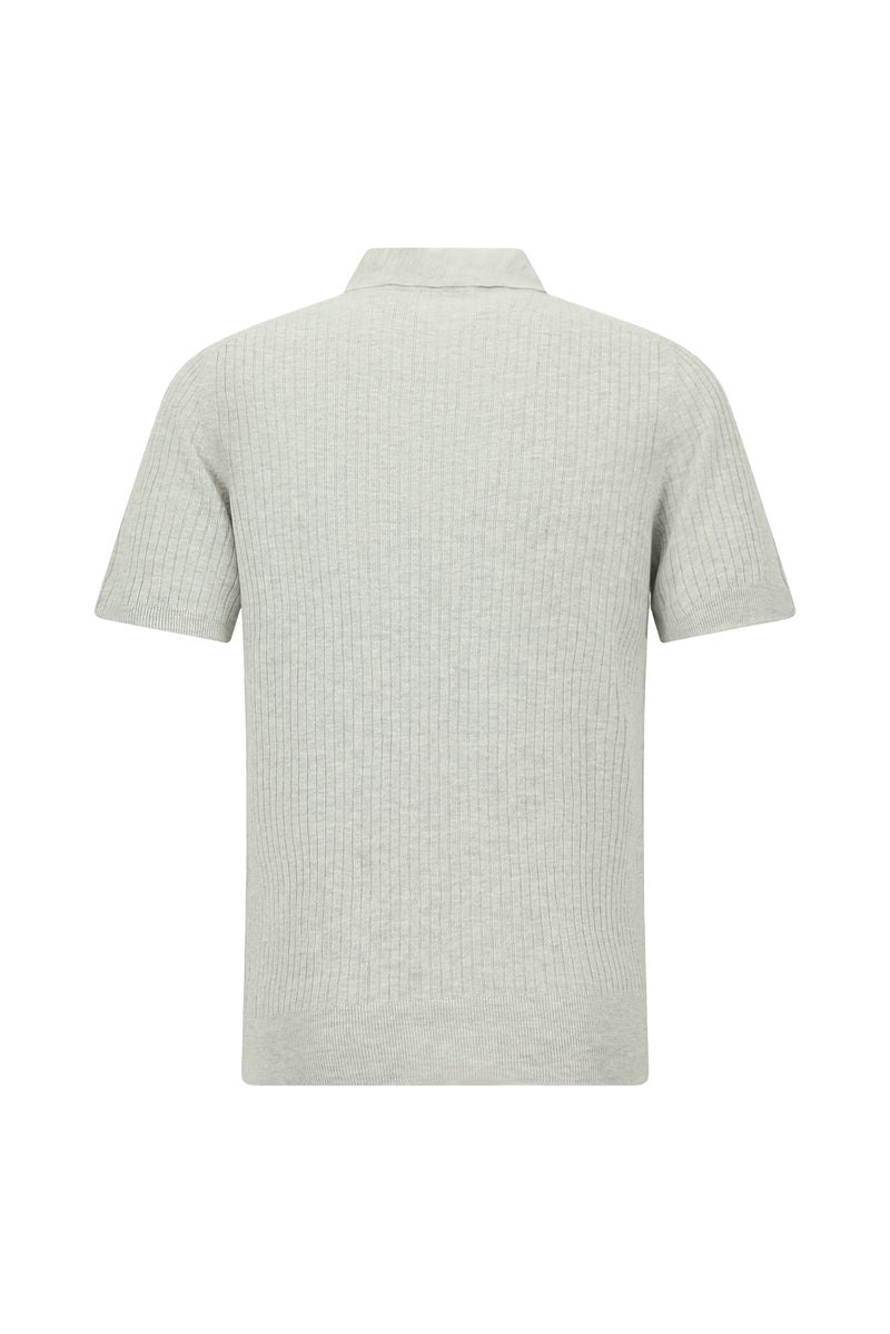 Orta Gri Melanj Slim Fit Dar Kesim Çizgili Pamuklu Keten İtalyan Triko Polo T-shirt