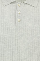 Orta Gri Melanj Slim Fit Dar Kesim Çizgili Pamuklu Keten İtalyan Triko Polo T-shirt