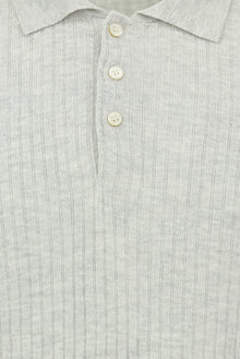 Orta Gri Melanj Slim Fit Dar Kesim Çizgili Pamuklu Keten İtalyan Triko Polo T-shirt