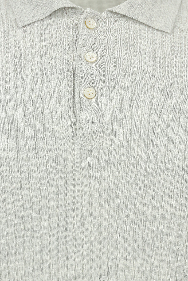 Orta Gri Melanj Slim Fit Dar Kesim Çizgili Pamuklu Keten İtalyan Triko Polo T-shirt