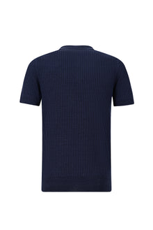 Koyu Lacivert Slim Fit Dar Kesim Çizgili Pamuklu Keten İtalyan Triko Polo T-shirt