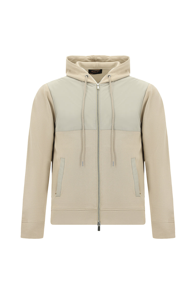 Açık Bej Kapüşonlu Regular Fit Pamuklu Fermuarlı Sweatshirt