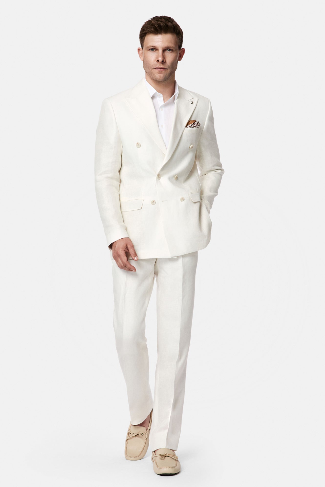 Ekru 7 Drop Slim Fit Dar Kesim Kruvaze %100 Keten Takım Elbise