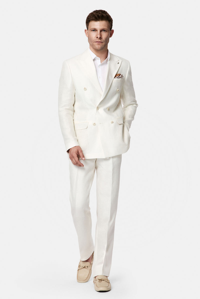 Ekru 7 Drop Slim Fit Dar Kesim Kruvaze %100 Keten Takım Elbise