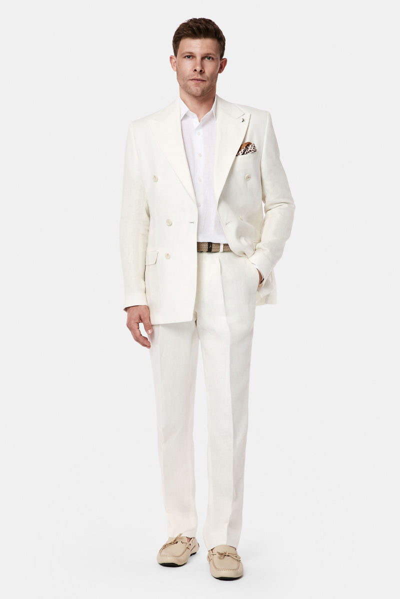 Ekru 7 Drop Slim Fit Dar Kesim Kruvaze %100 Keten Takım Elbise