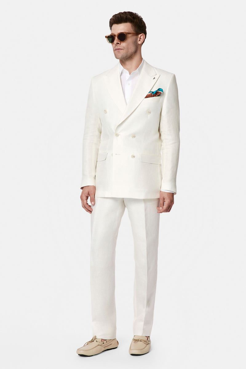 Ekru 7 Drop Slim Fit Dar Kesim Kruvaze %100 Keten Takım Elbise