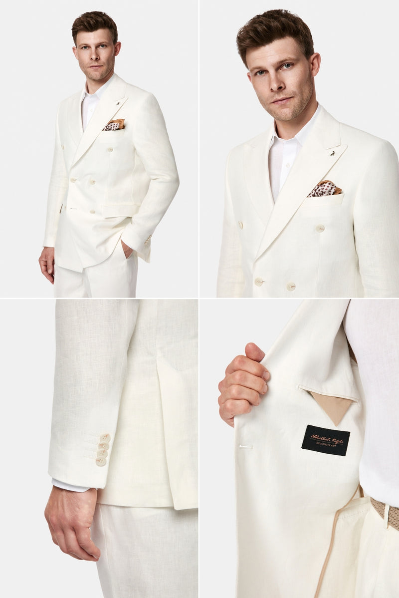 Ekru 7 Drop Slim Fit Dar Kesim Kruvaze %100 Keten Takım Elbise