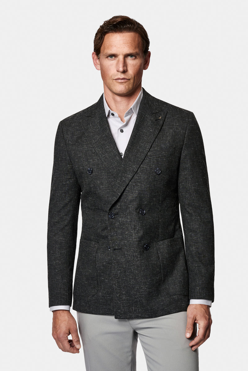 Siyah 6 Drop Regular Fit Standart Kesim Regular Sivri Yaka Ketenli Kruvaze Ceket