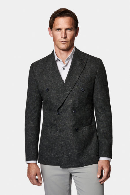 Siyah 7 Drop Slim Fit Dar Kesim Regular Sivri Yaka Ketenli Kruvaze Ceket