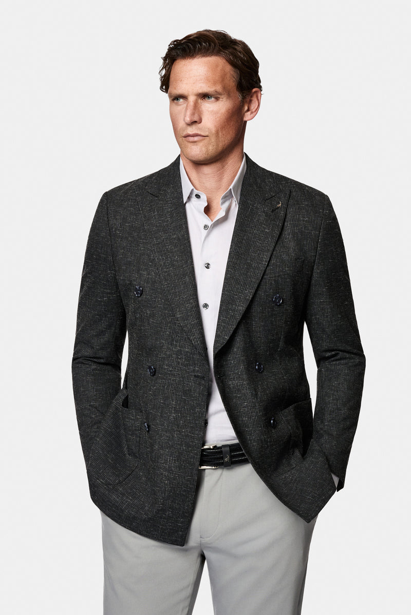 Siyah 6 Drop Regular Fit Standart Kesim Regular Sivri Yaka Ketenli Kruvaze Ceket