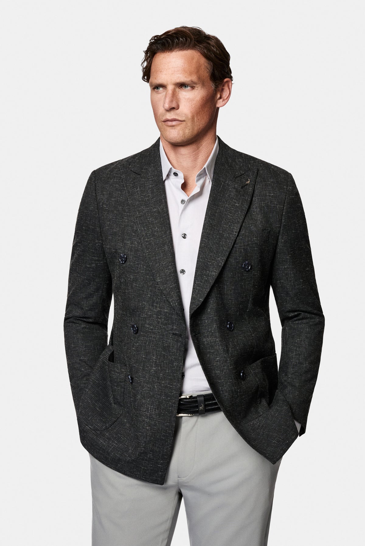 Siyah 6 Drop Regular Fit Standart Kesim Regular Sivri Yaka Ketenli Kruvaze Ceket