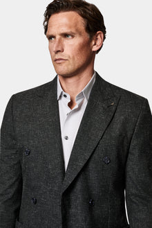 Siyah 7 Drop Slim Fit Dar Kesim Regular Sivri Yaka Ketenli Kruvaze Ceket