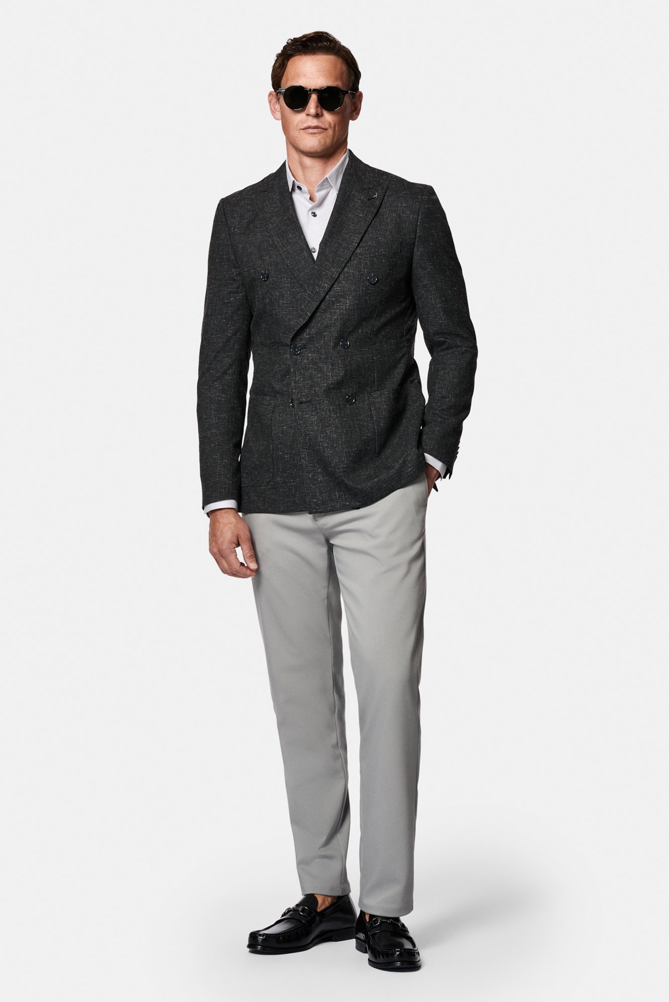 Siyah 7 Drop Slim Fit Dar Kesim Regular Sivri Yaka Ketenli Kruvaze Ceket
