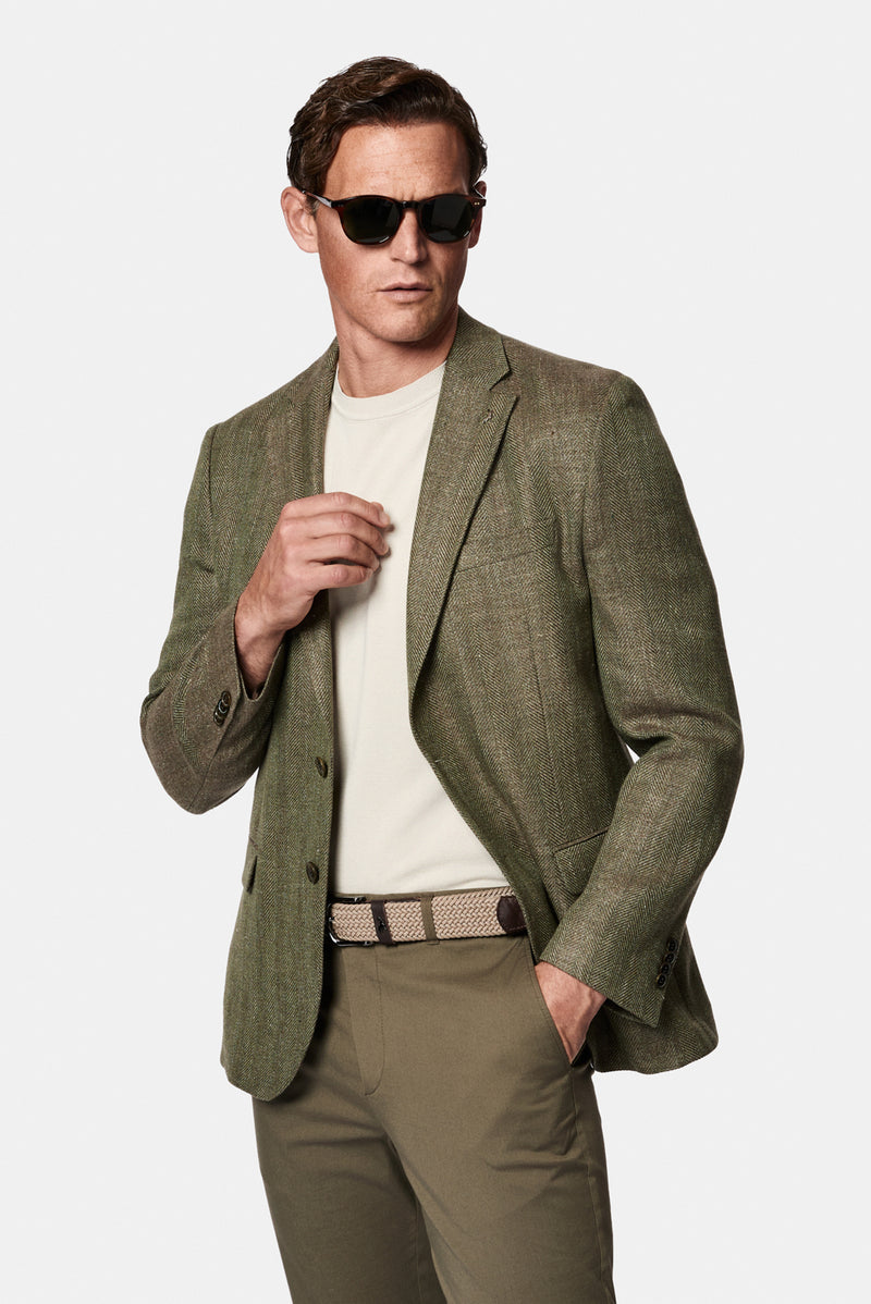 Koyu Yeşil 6 Drop Regular Fit Standart Kesim Yünlü Keten Karışımlı İtalyan Balıksırtı Klasik Ceket