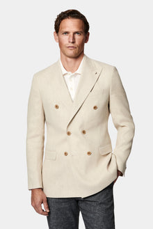 Krem 4 Drop Relaxed Fit Rahat Kesim Sivri Yaka Kruvaze Keten İpek Karışımlı İtalyan Ceket
