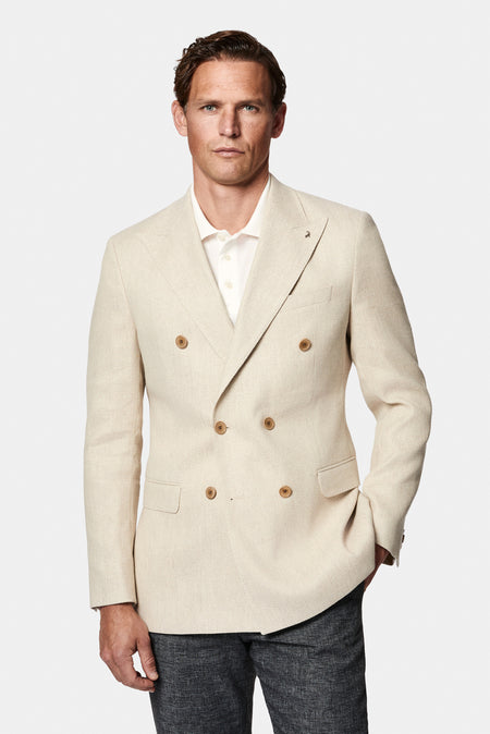 Krem 4 Drop Relaxed Fit Rahat Kesim Sivri Yaka Kruvaze Keten İpek Karışımlı İtalyan Ceket