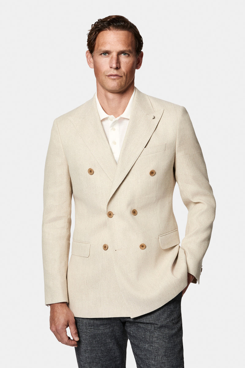 Krem 4 Drop Relaxed Fit Rahat Kesim Sivri Yaka Kruvaze Keten İpek Karışımlı İtalyan Ceket