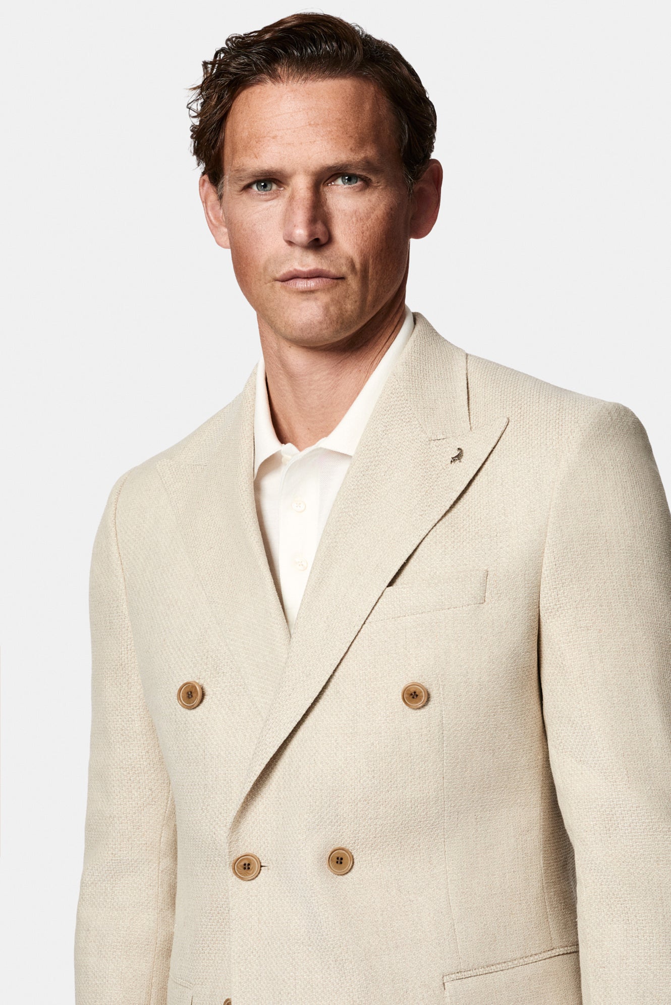 Krem 4 Drop Relaxed Fit Rahat Kesim Sivri Yaka Kruvaze Keten İpek Karışımlı İtalyan Ceket