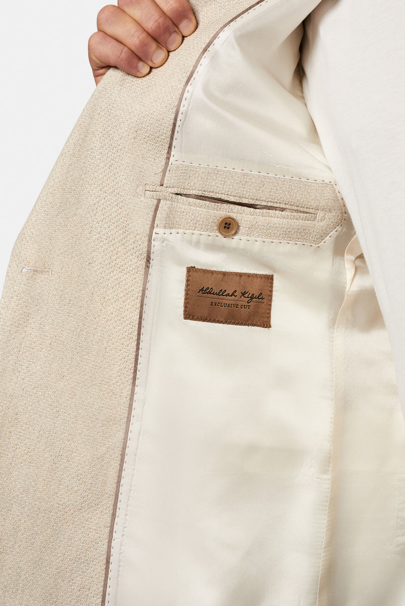 Krem 4 Drop Relaxed Fit Rahat Kesim Sivri Yaka Kruvaze Keten İpek Karışımlı İtalyan Ceket