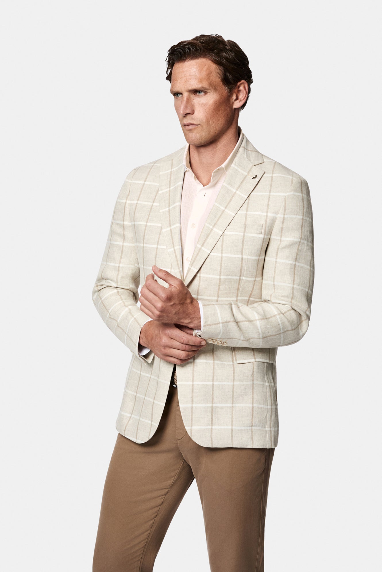 Kum 7 Drop Slim Fit Dar Kesim Mono Yaka Kareli %100 Keten Astarsız Ceket
