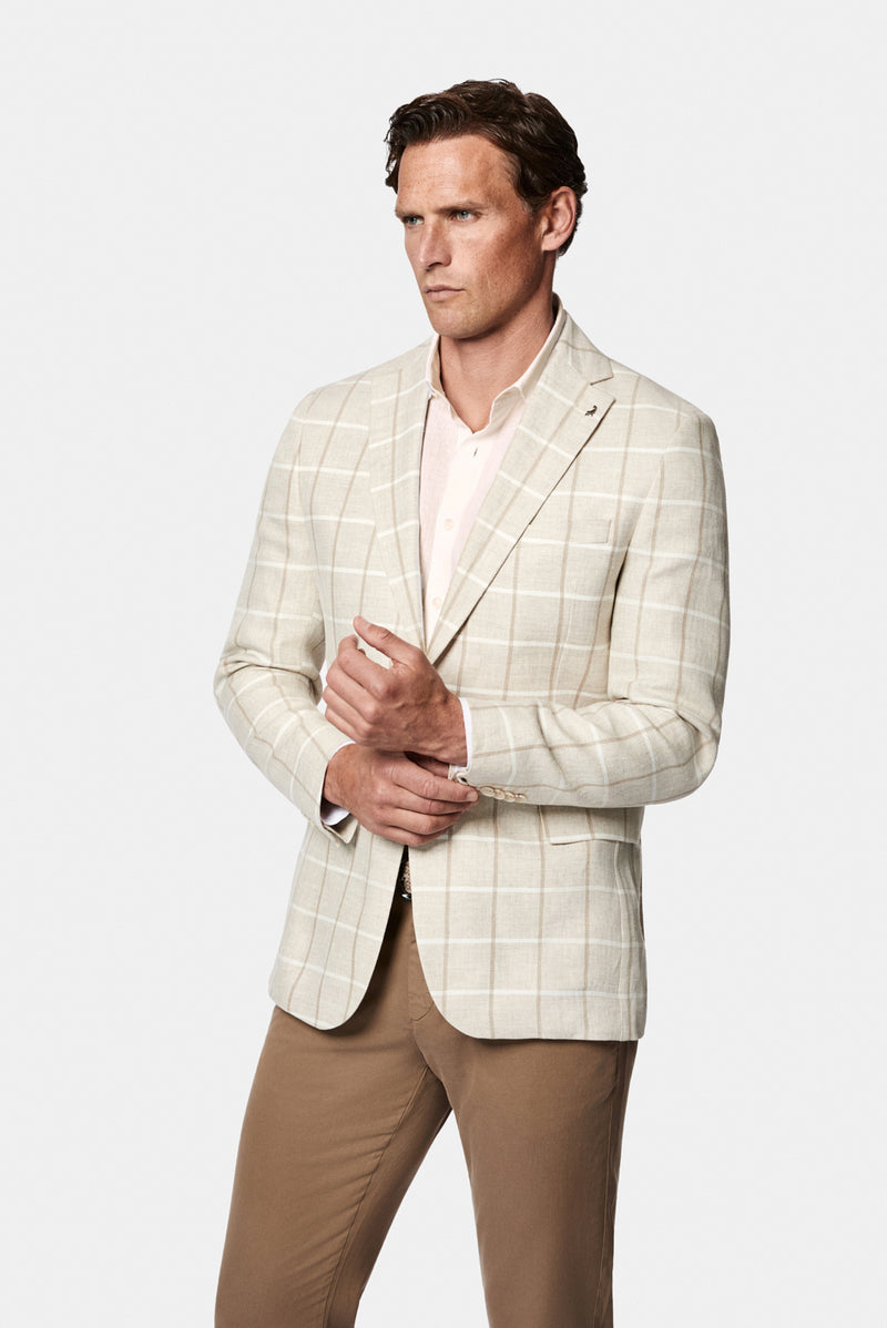 Kum 7 Drop Slim Fit Dar Kesim Mono Yaka Kareli %100 Keten Astarsız Ceket