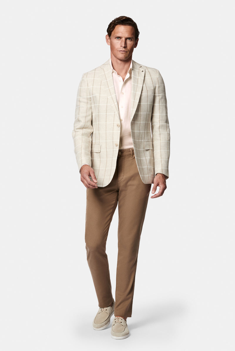 Kum 7 Drop Slim Fit Dar Kesim Mono Yaka Kareli %100 Keten Astarsız Ceket